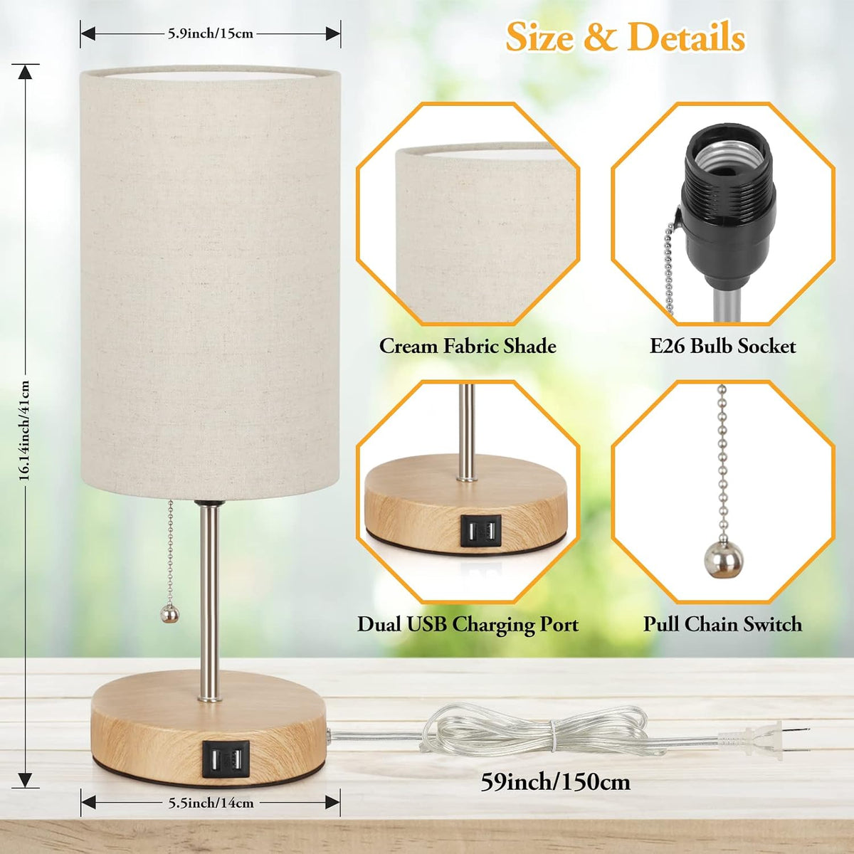 Lakumu Set of 2 Table Lamps, Modern Bedside Desk Lamps with Pull Chain