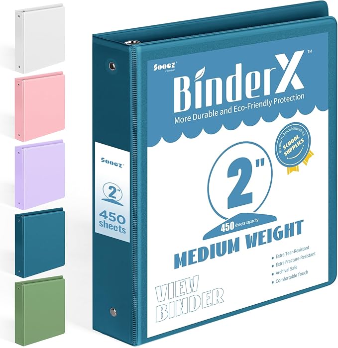 BinderX Extra Durable 3 Ring Binder, Round Ring 2 Inch Binders, Fits 450 Sheets by Sooez