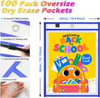 Oleitodh 100 Packs Oversized Reusable Dry Erase Pocket Sleeves with 6 Rings, 20 Assorted Colors 10x14 Ticket Holders, Clear Plastic Sheet Protectors, Teacher School Classroom Supplies