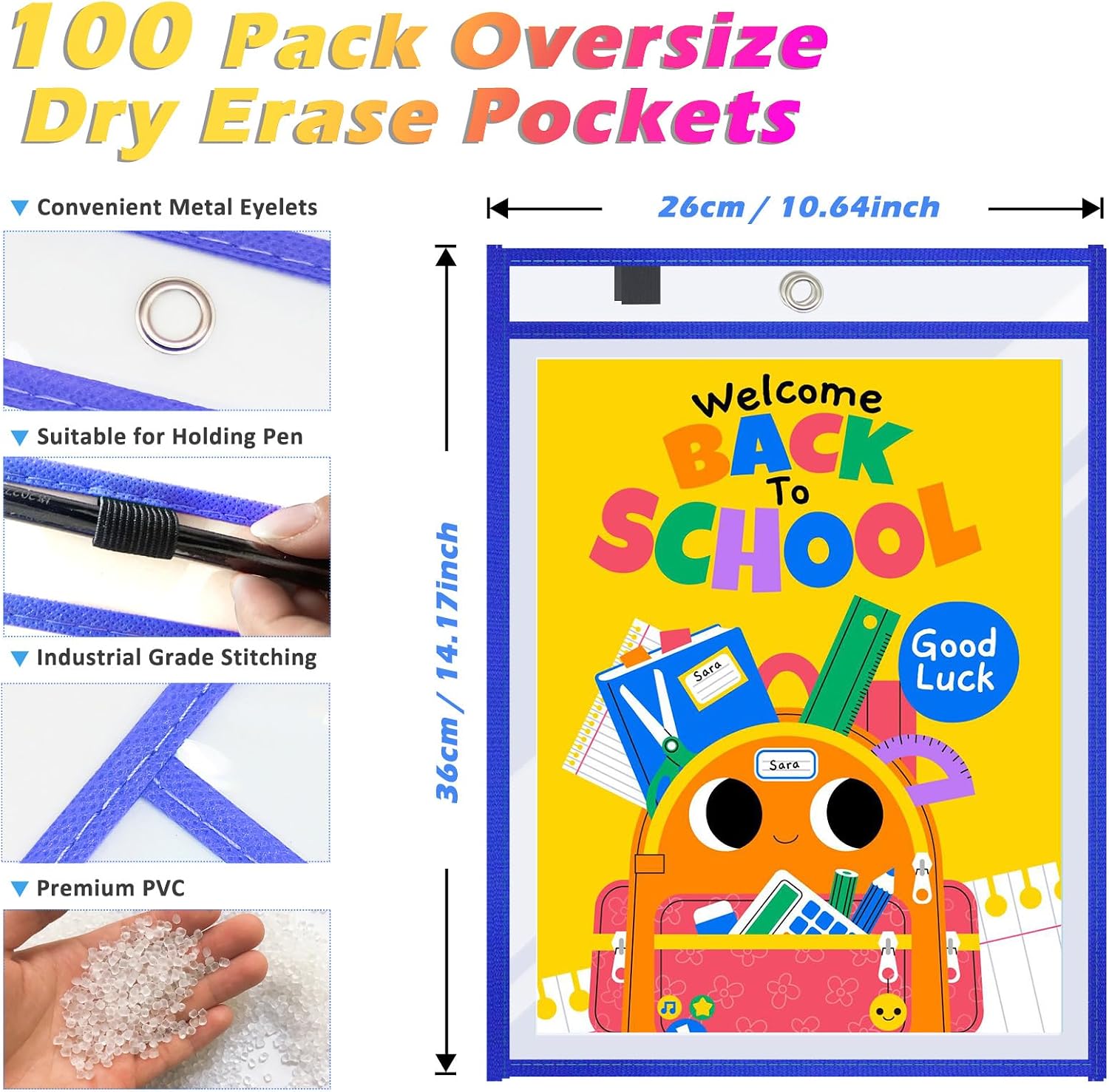 Oleitodh 100 Packs Oversized Reusable Dry Erase Pocket Sleeves with 6 Rings, 20 Assorted Colors 10x14 Ticket Holders, Clear Plastic Sheet Protectors, Teacher School Classroom Supplies
