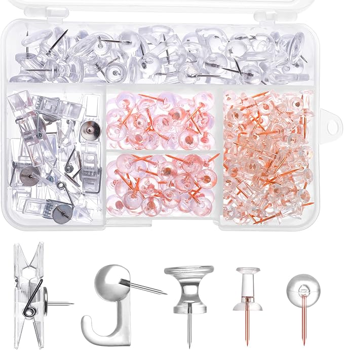 200 Pieces Push Pins Set, 5 Types Clear Thumb Tacks Push Pins by BESARME