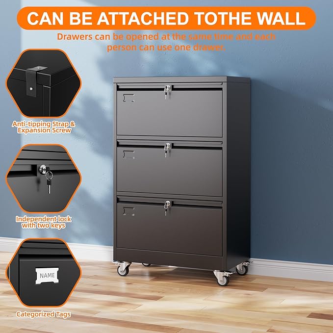METAN Upgrade 3 Drawers Lateral File Cabinet on Wheels, Steel Office Filing - Image 6