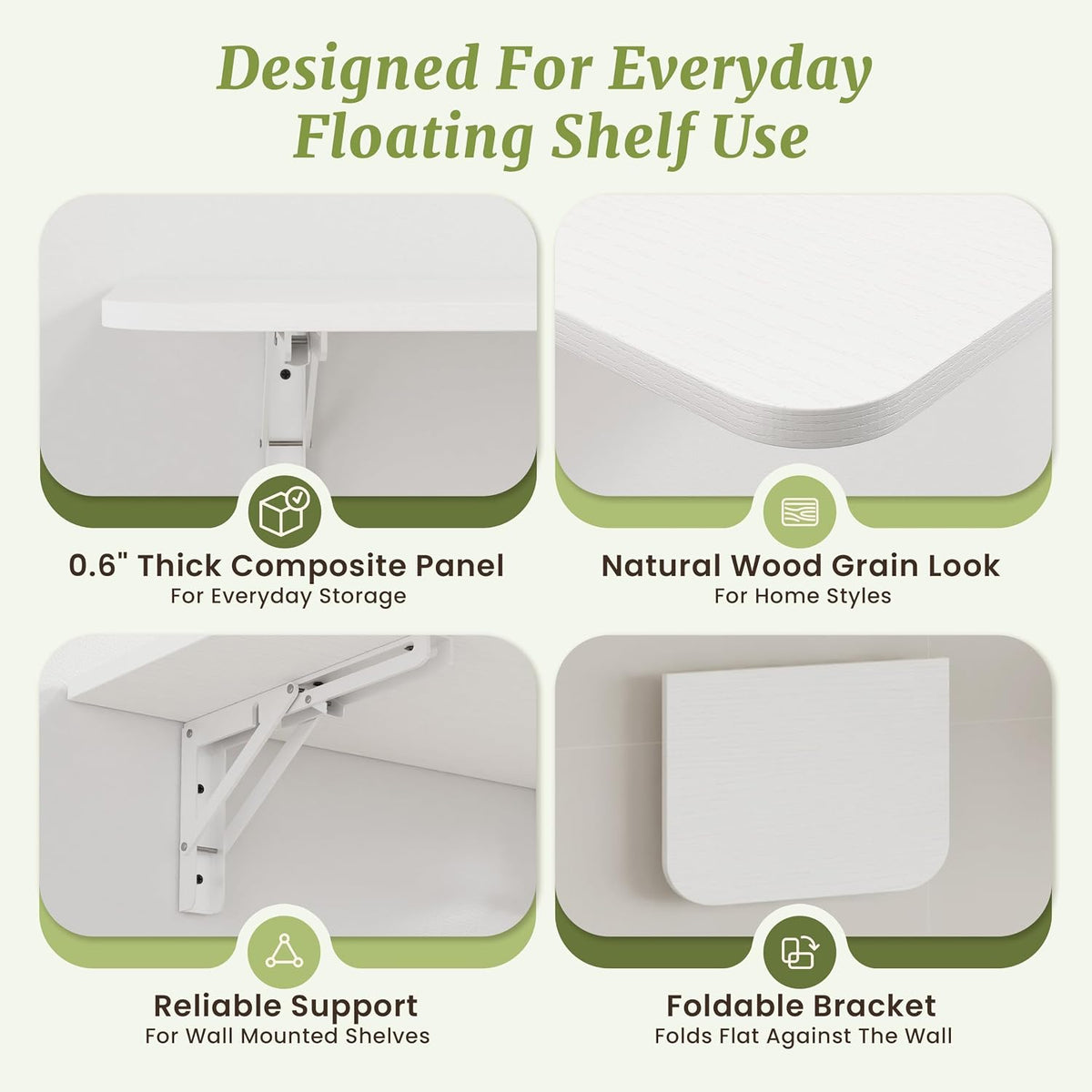 IAE 16 Inch Fold White Floating Wall Shelves, 12 Inch Deep Wood Wall Shelf