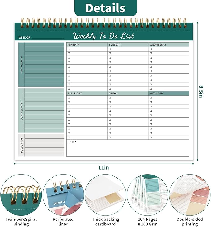 ALKALO 104 Pgs Weekly To Do List Notepad, 52 Duplex-Printed Undated Sheets 100 - Image 3
