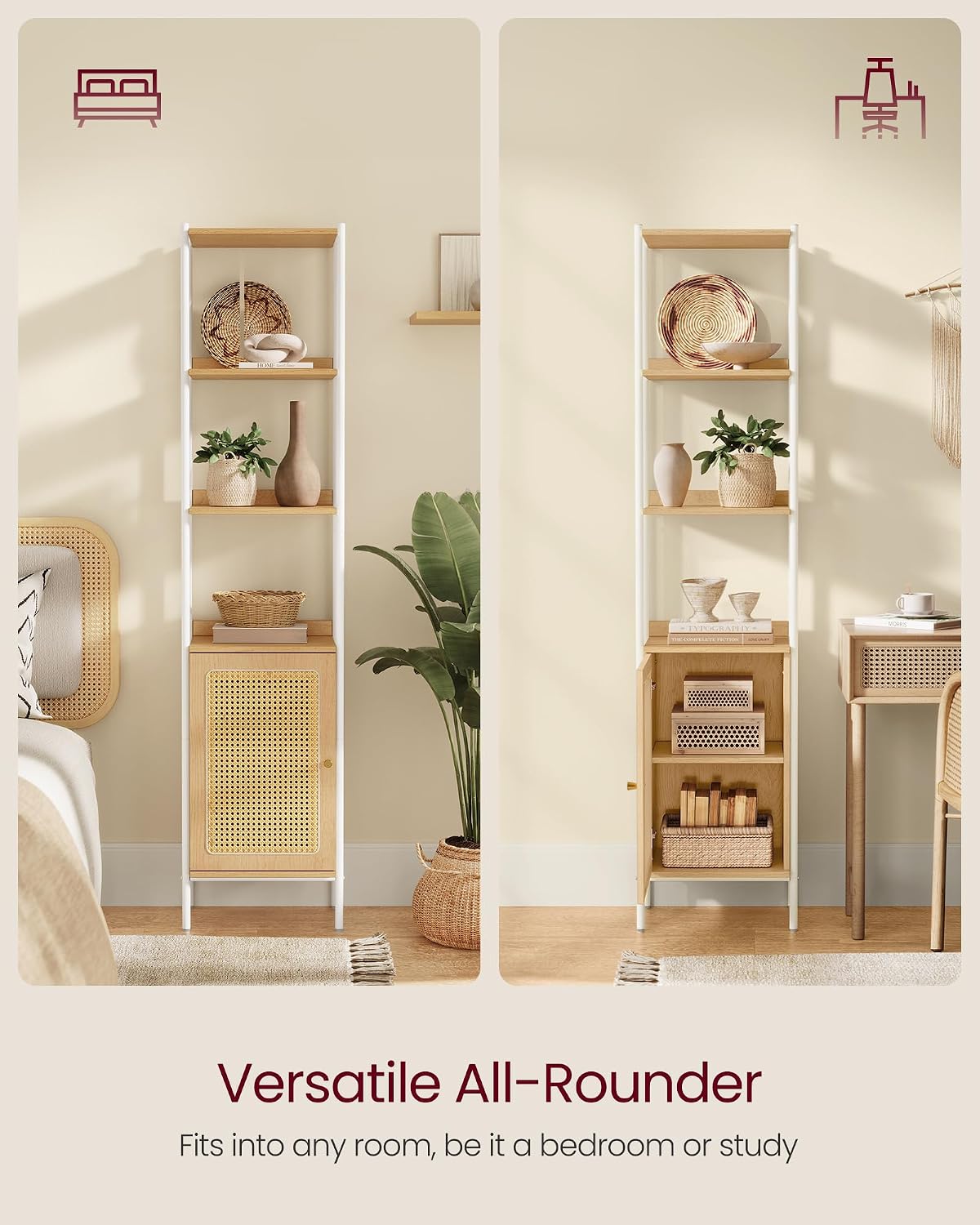 VASAGLE 6-Tier Bookcase with Rattan-Like Door, 15.8-Inch Wide, Metal Frame