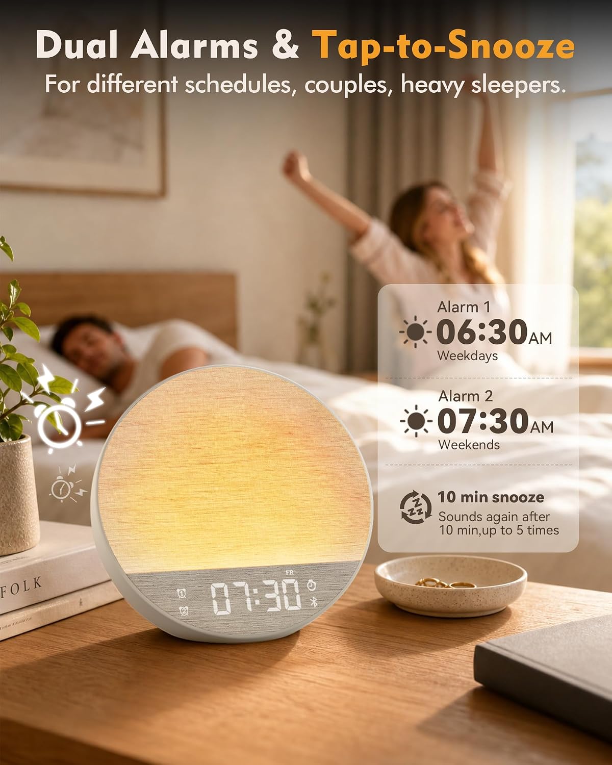 sunrise alarm clock with sound machine, bluetooth speaker showing dimensions