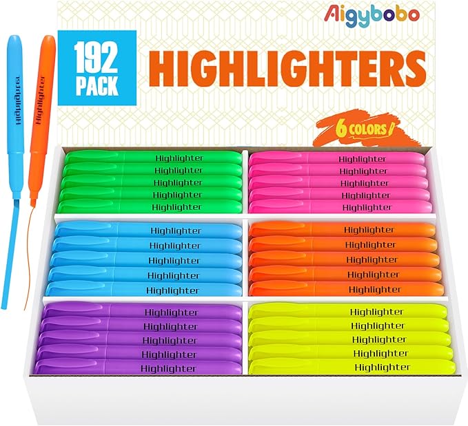 Aigybobo 192 Pack Highlighters in 6 Assorted Colors, Chisel Tip Dry-Quickly by WelcometoAigybobo