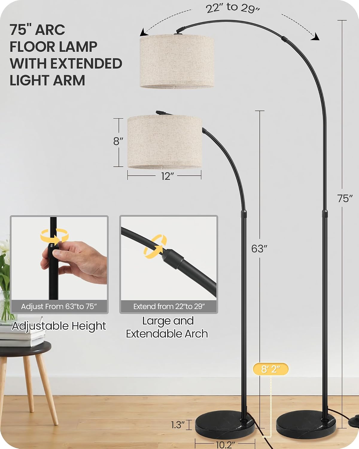 75" Tall Dimmable Arc Floor Lamp with Marble Base, Adjustable Height, Beige