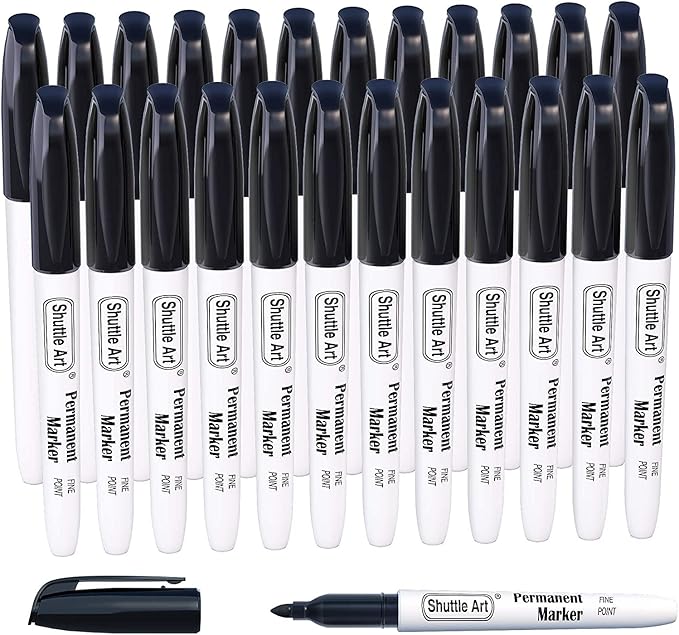 Shuttle Art 24 Black Permanent Markers Fine Tip Markers, Perfect on Plastic by ShuttleArt