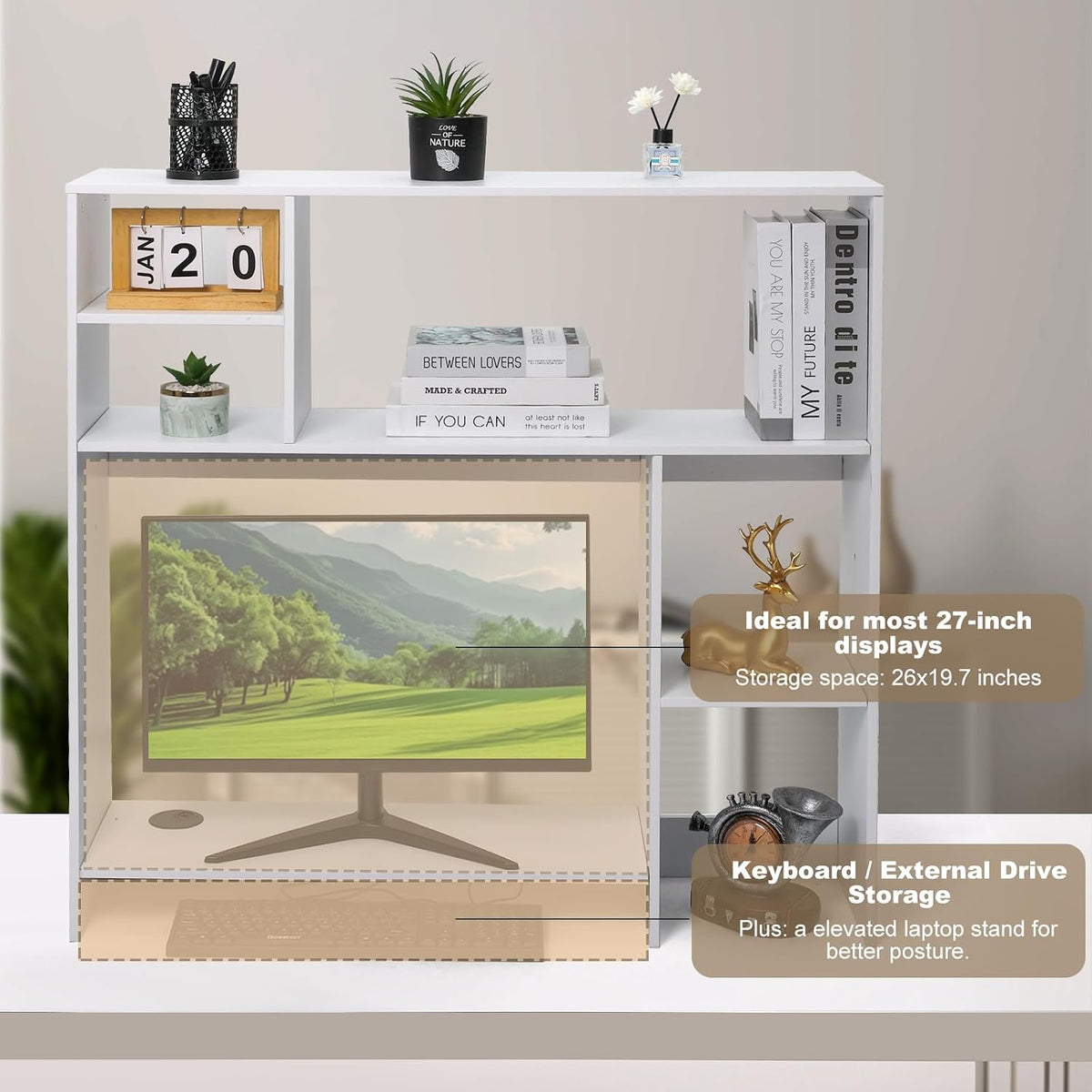 Modern Wooden Desktop Bookshelf Hutch, White Desk Organizer with 7 Shelves fo...