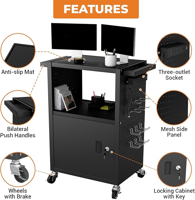 Mobile AV Cart with Push Handles, Heavy Duty Rolling Media Cart with Customized - Image 3