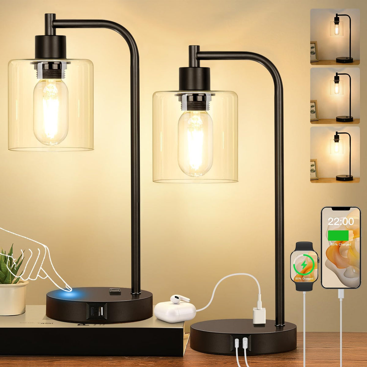 set of 2 industrial touch control table lamps, main product view