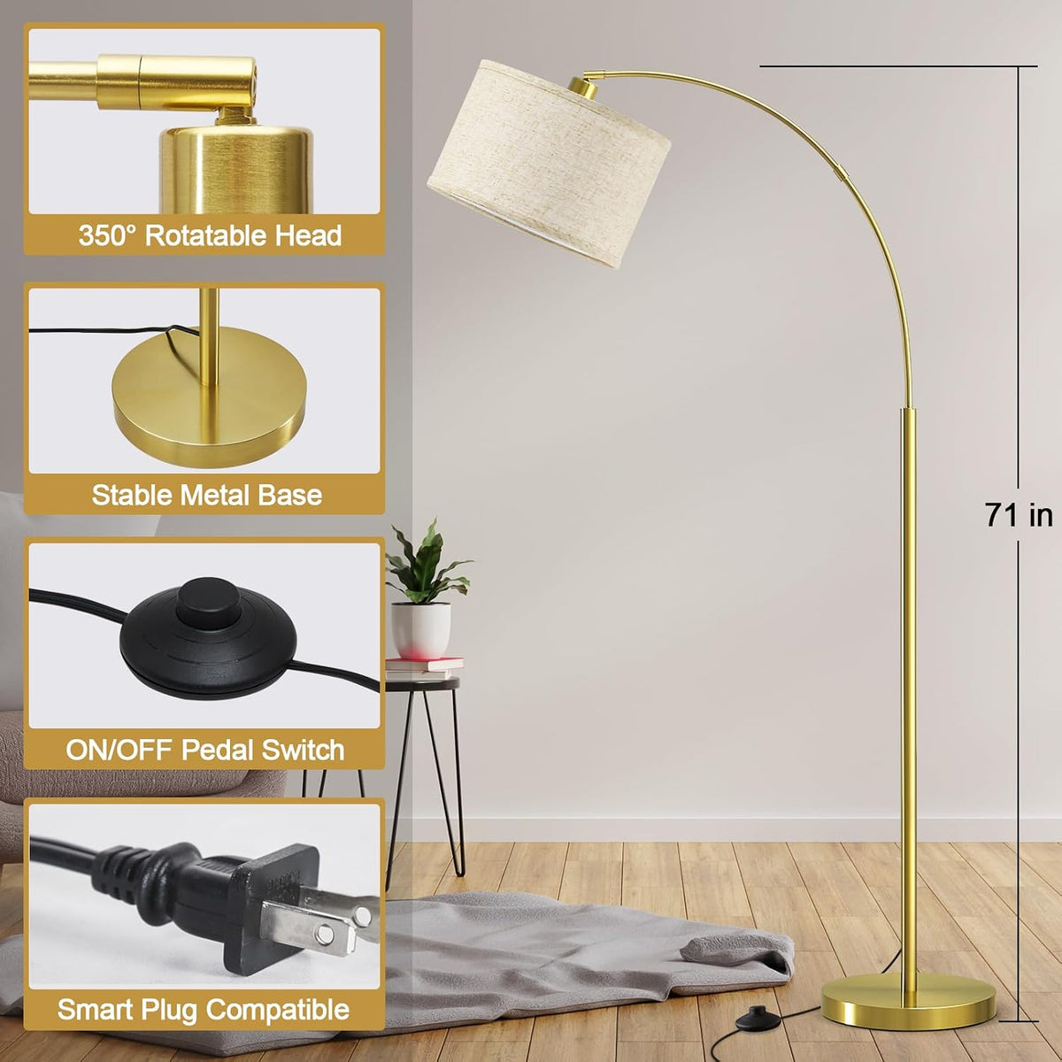 Luvkczc Arc Floor Lamp, 71" Tall Standing Lamp with On/Off Foot Switch