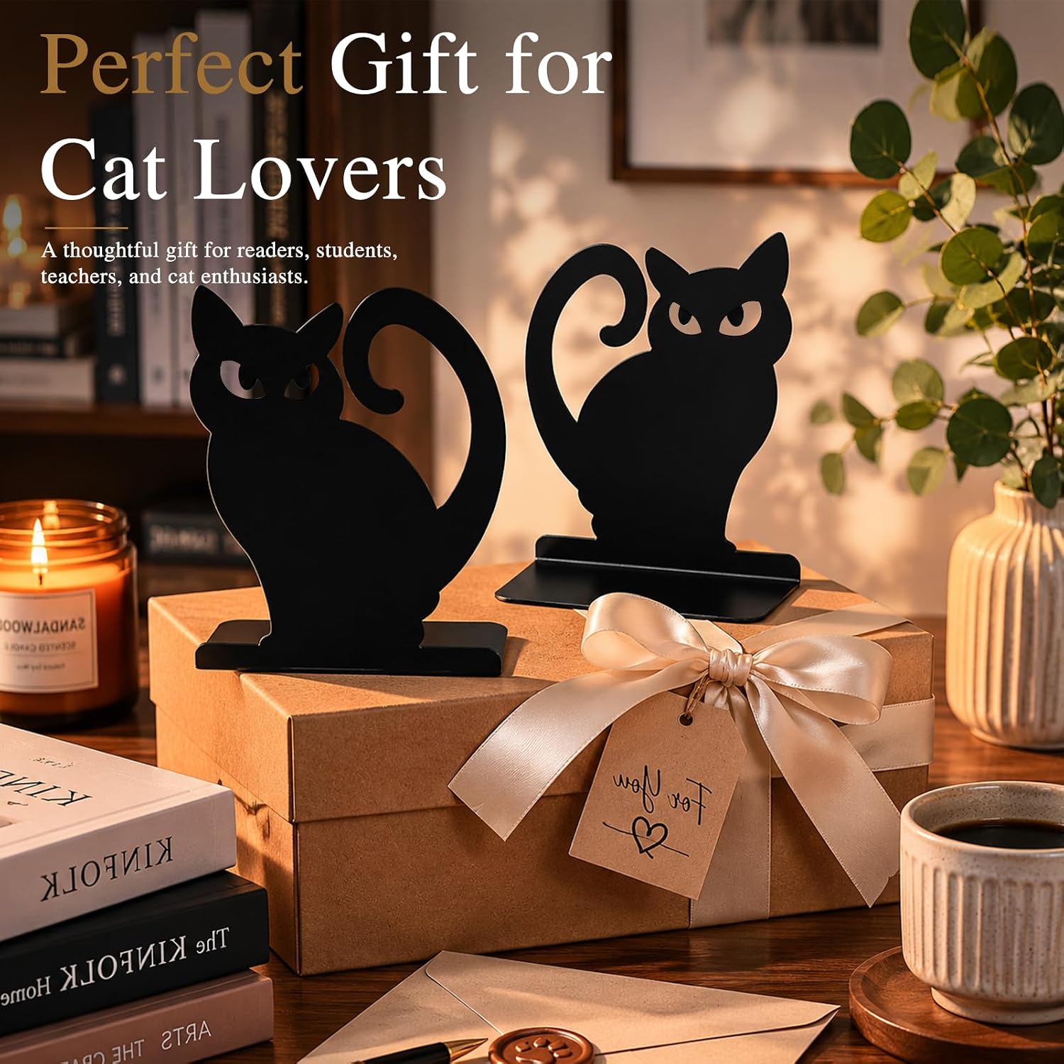 Black Cat Metal Bookends Set of 4 for Shelves, Decorative Book Ends Heavy Duty Non Slip Book Holder for Bookshelf Home Office Desk Decor, Cute Gothic Bookends for Cat Lovers Readers