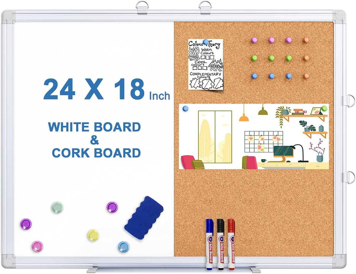 Magnetic White Board and Cork Board Combo, 24 X 18 inches Whiteboard Bulletin