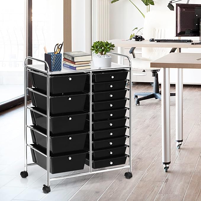 COSTWAY 15 Drawer Rolling Storage Cart, Utility Tools Paper Organizer on Wheels - Image 2