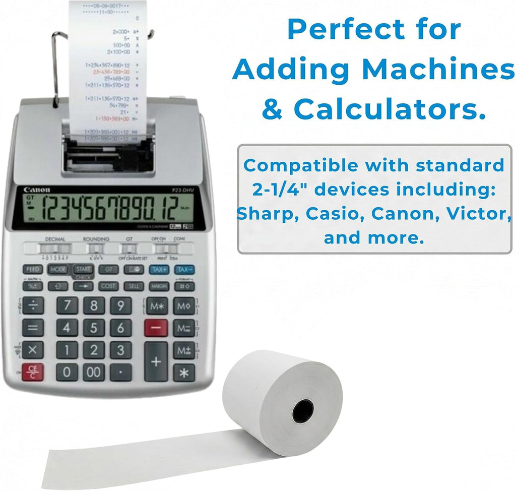 2 1/4" x 150' White Adding Machine Paper Rolls – One Ply Register/Calculator/10-Key Paper for Printing Calculators and Registers – 16 Rolls