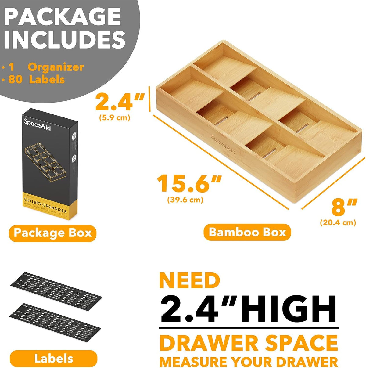 SpaceAid Bamboo Silverware Drawer Organizer with Labels (Natural, 6 Slots) Ba...