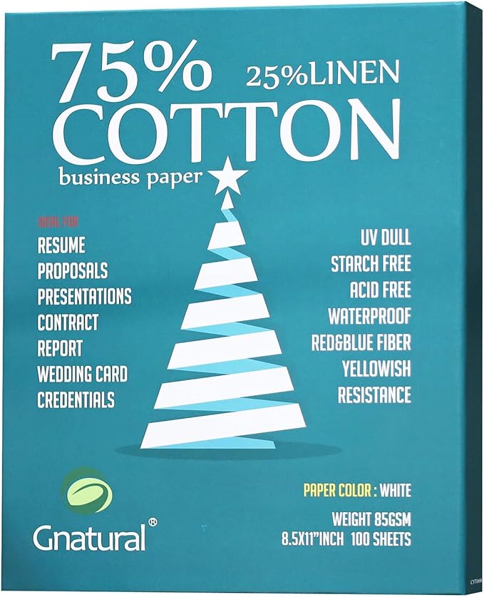 75% Cotton 25% Linen Paper, 85gsm Inkjet Printing Paper, 8.5"x11" White Color by Gnatural