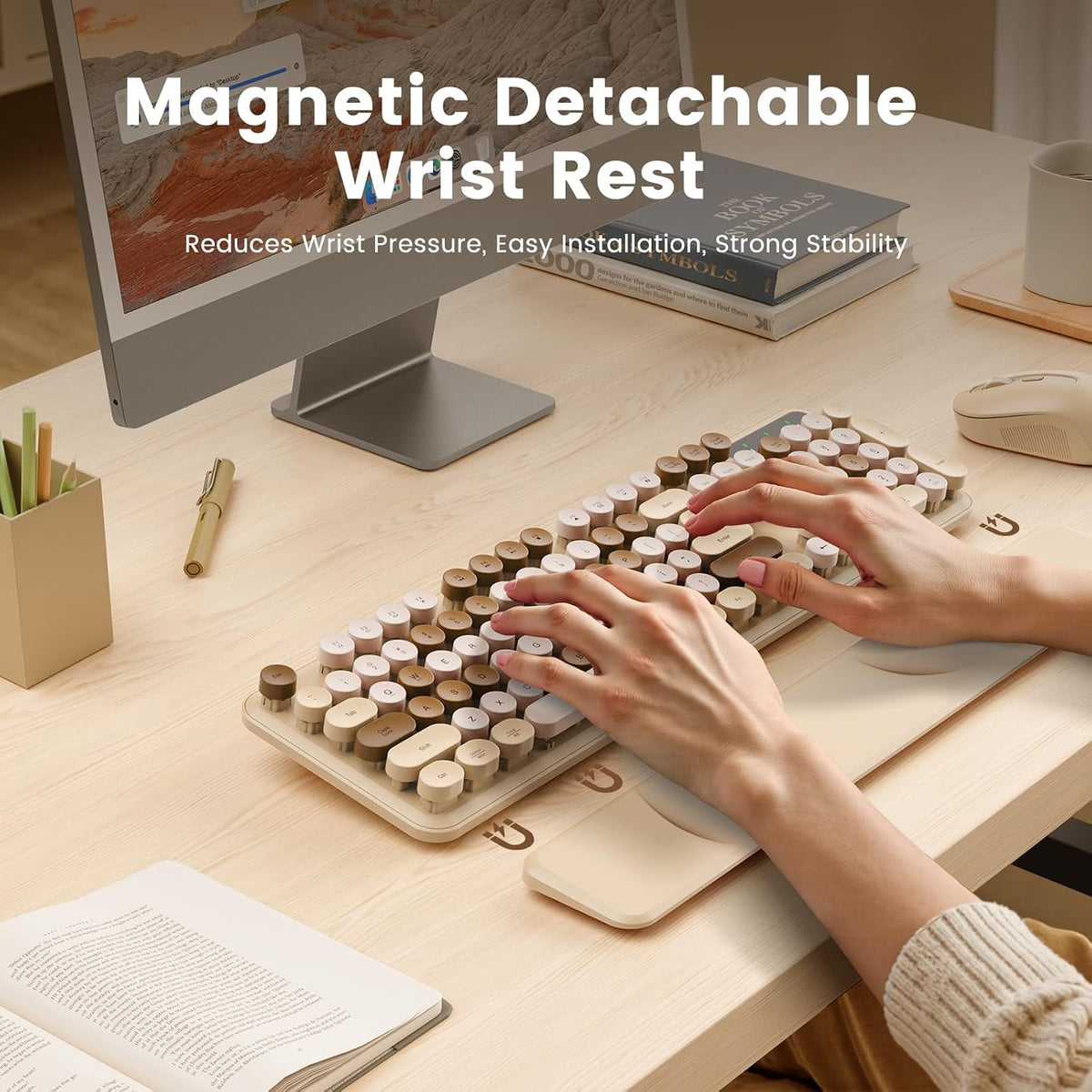 Wireless Keyboard, Round Keycaps, Retro Typewriter Keyboard with Magnetic Wri...