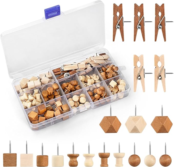 GOOLADA 114Pcs Decorative Push Pins in 7 Types and 2 Colors Wooden Push Pins by GOOLADA