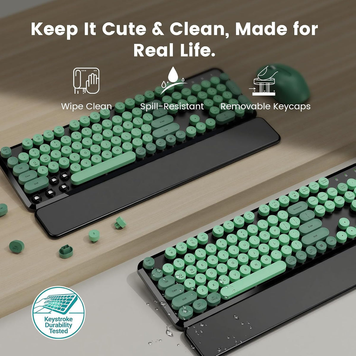 Wireless Keyboard Mouse, Magnetic Wrist Rest, Round Keycaps, Green & Black