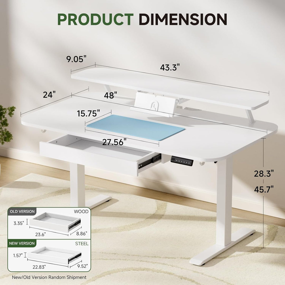 GTPLAYER Electric Standing Desk with Drawers, 48 x 24 Inches Height Adjustabl...
