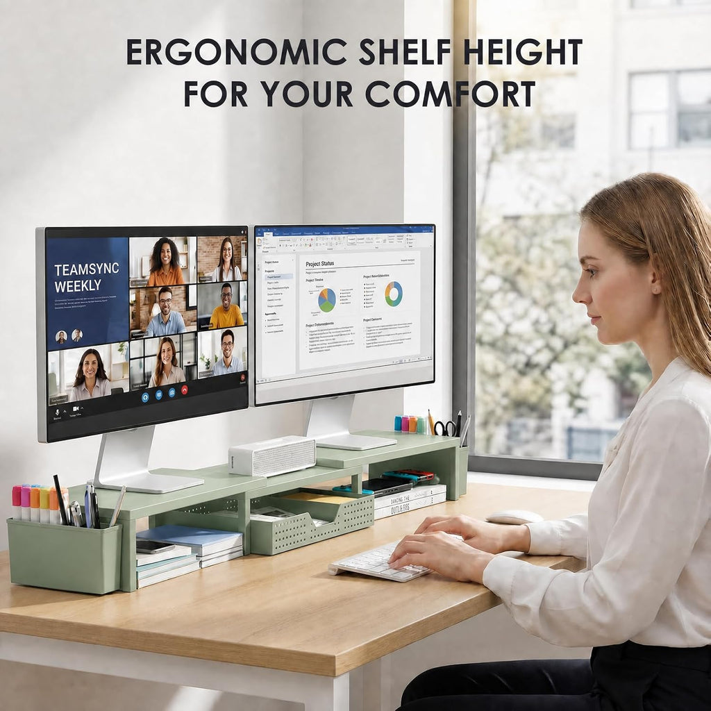 opnice desk organizers and accessories, dual monitor stand shown in use