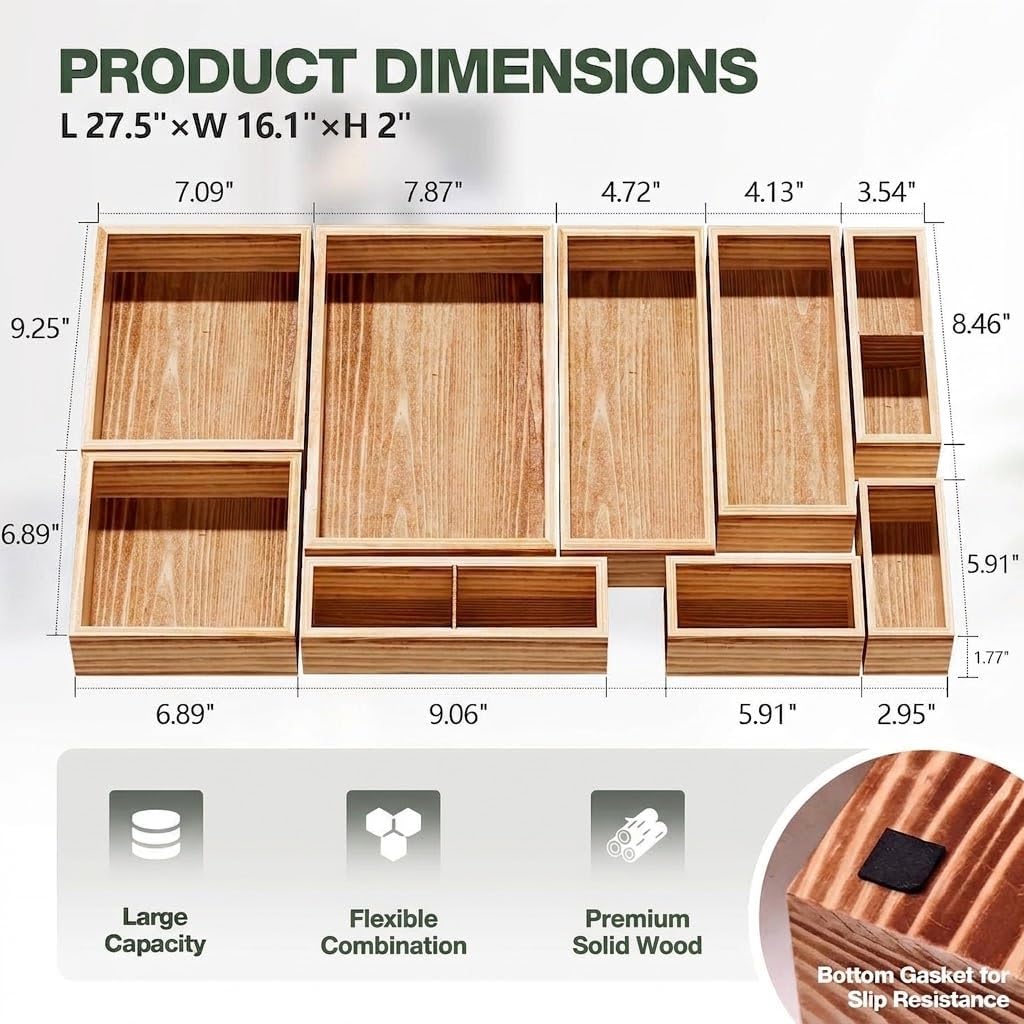 9-Pack Solid Wood Junk Drawer Organizer, Modular Desk Drawer Tray & Acces...