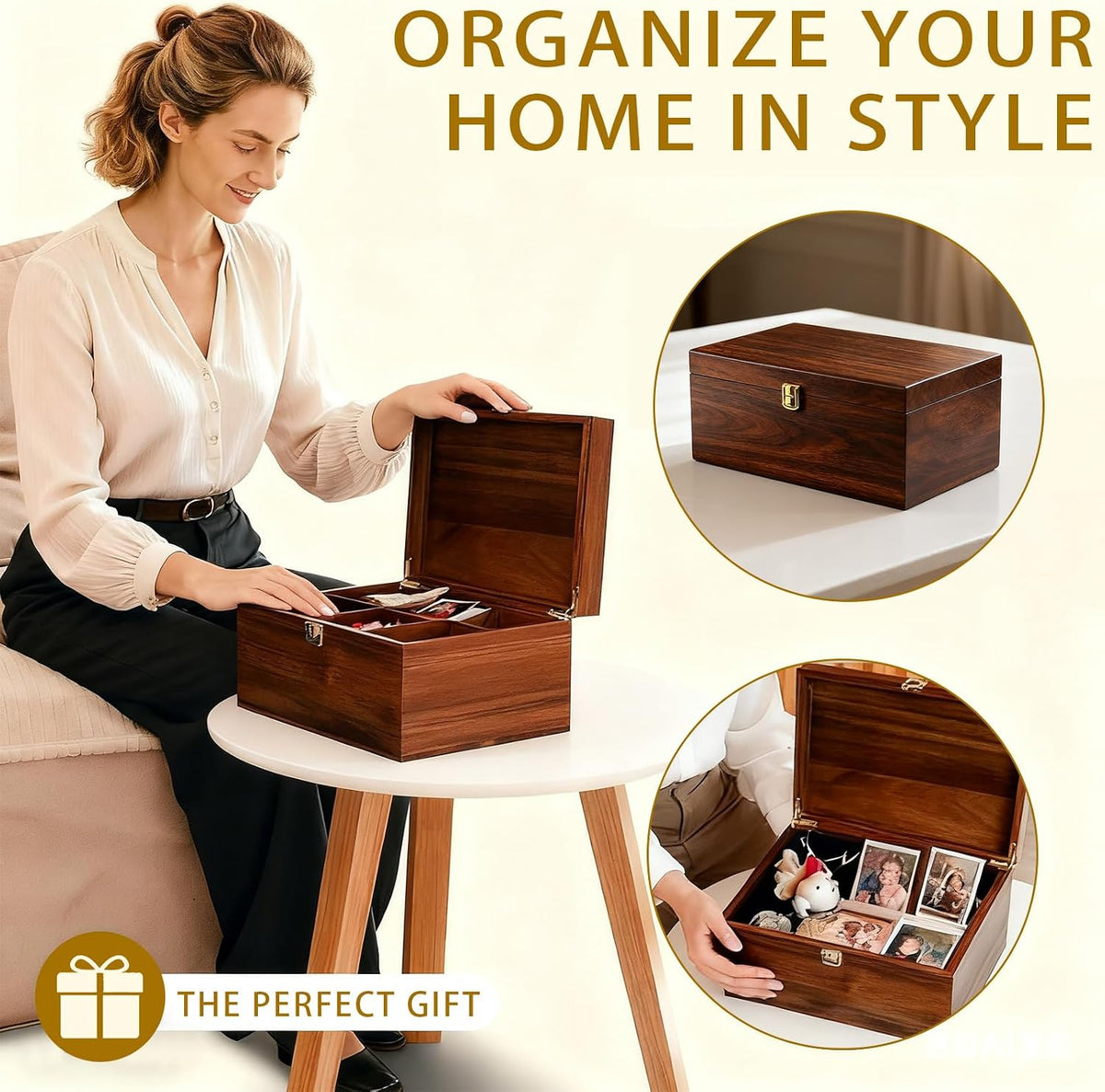 large wooden storage box with adjustable tray, 12.5, package contents