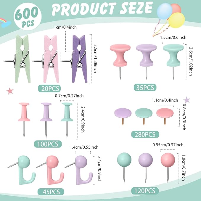 600 Pcs Decorative Push Pins, Pastel Color Thumb Tacks 6 Types Cute Push Pin - Image 2