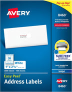 Avery® Easy Peel® Printable Address Labels, Sure Feed® Technology, 1" x 2-5/8" Customizable Stickers, White, 3,000 Blank Mailing Labels, Great for Mailing, Shipping, and More (8460)