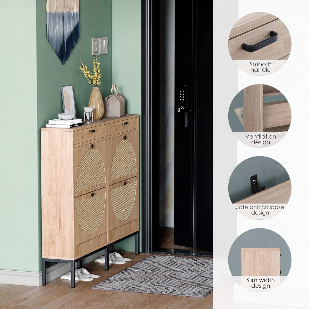 Yechen Shoe Rack Storage Organizer with 2 Natural Semi-Circular Rattan Doors,...