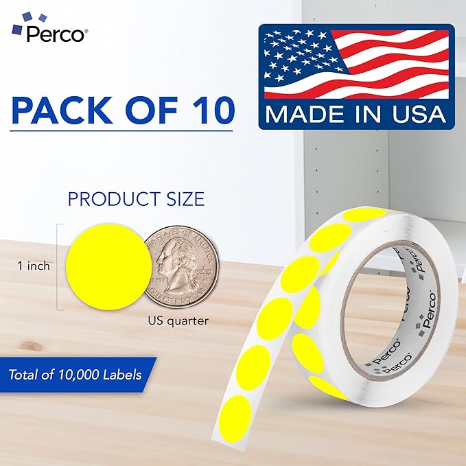 Perco Fluorescent Yellow 1-Inch Perforated Circle Dot Sticker Labels—10 Rolls - Image 2