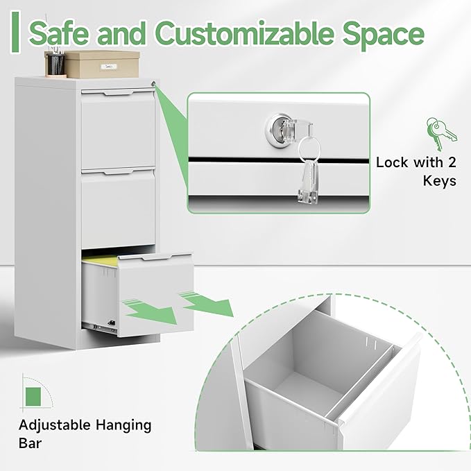 3-Drawer File Cabinet with Lock, Metal Vertical Filing Cabinets - Image 6
