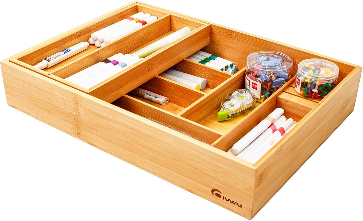 COIWAI Two tier Bamboo kitchen Drawer Organizer Cutlery Utensil Silverware Or...