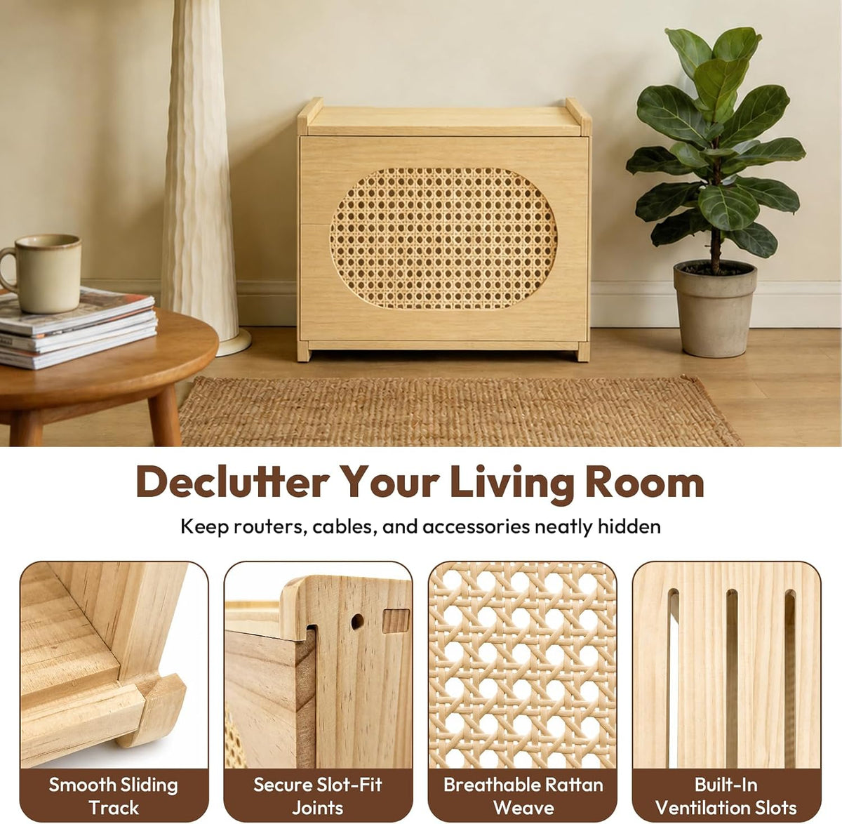 Natural Wood Router Box Hider with Rattan Doors, Tabletop Cable Management Ca...