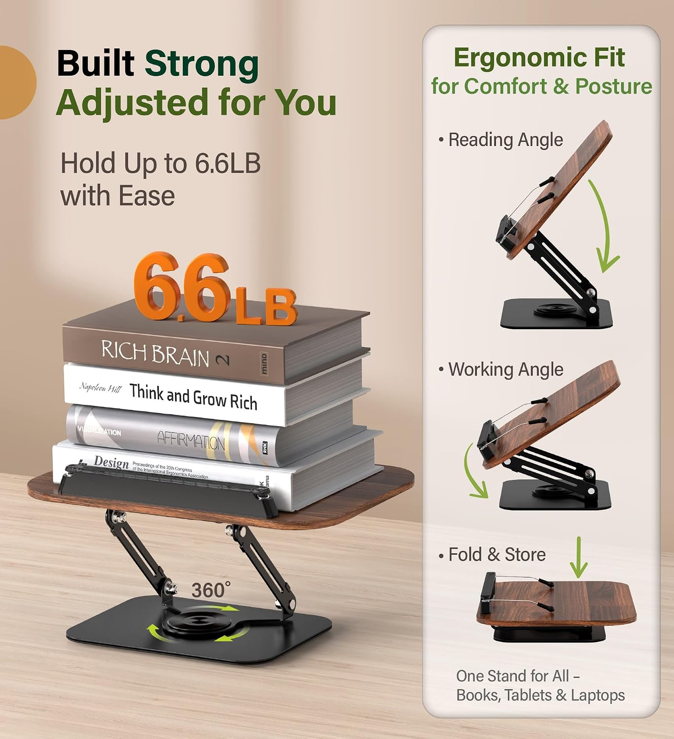 Adjustable Book Stand for Reading – Durable Build Quality, 360° Rotating Base, Stable Book Holder for Study, Kitchen, or Office, Relieves Neck Strain, (Dark Wood)