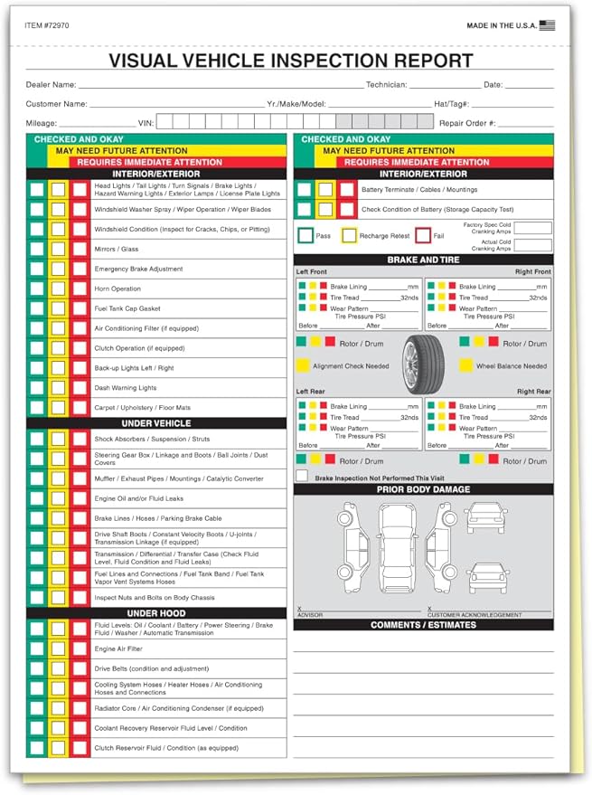 Visual Vehicle Inspection Report – 2-Part Carbonless Vehicle Checklist by Unknown