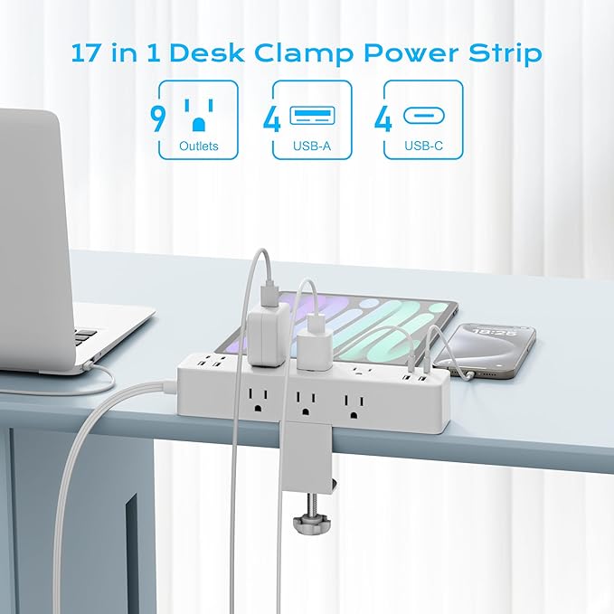 Flat Plug Desk Clamp Power Strip 10FT, 40W Total Fast Charging Station - Image 3