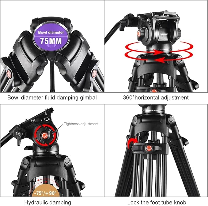 PULUZ 67"/170cm Video Tripod, Heavy Duty Aluminum Alloy Camera Tripod Stand - Image 4