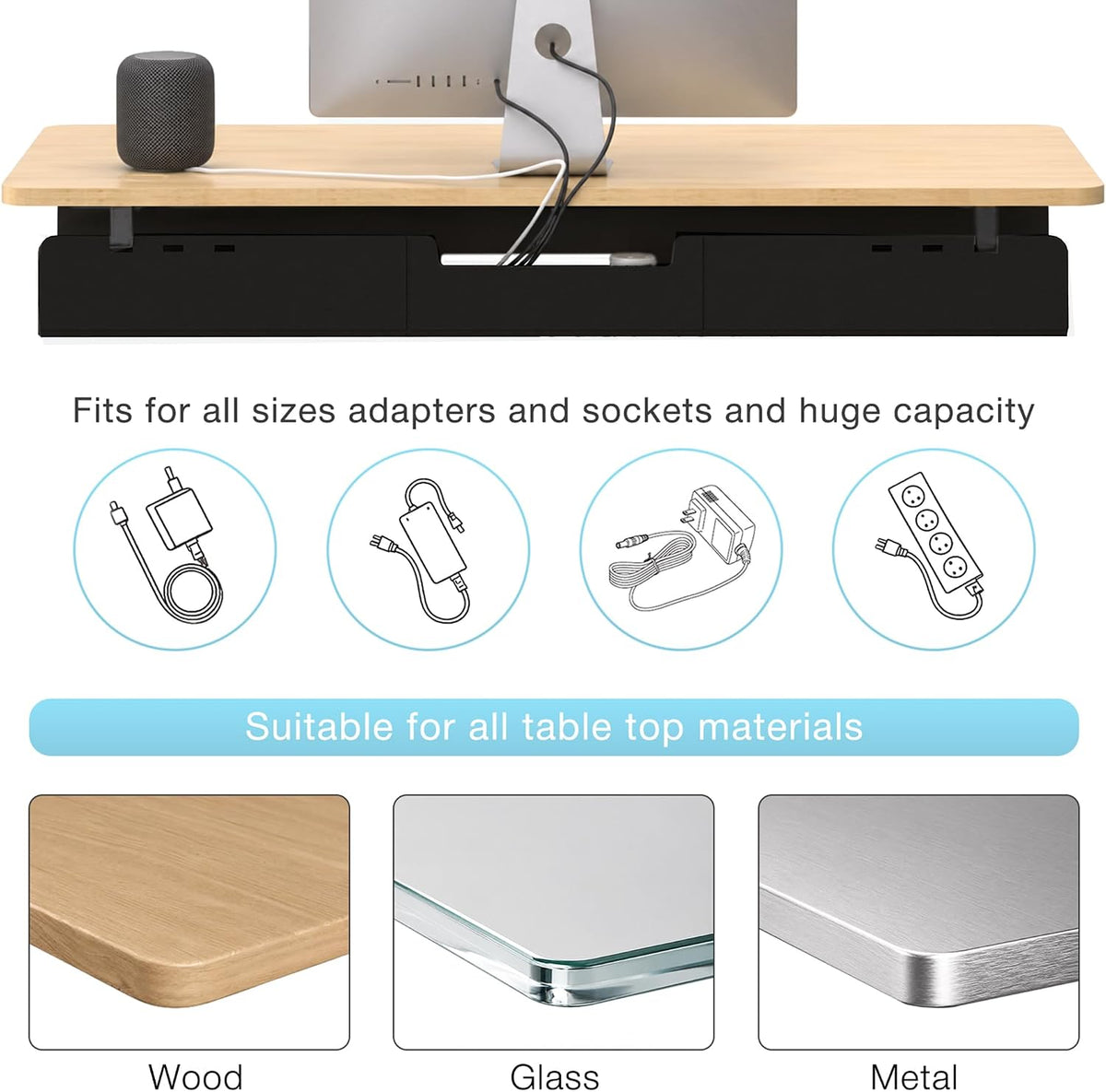 No-Drill Under Standing Desk Cable Management,31.5" L,Black