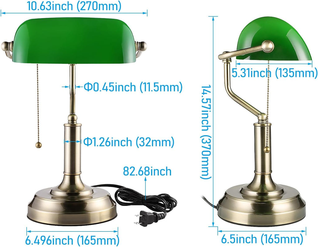 torchstar green glass bankers desk lamp with pull, front angle view