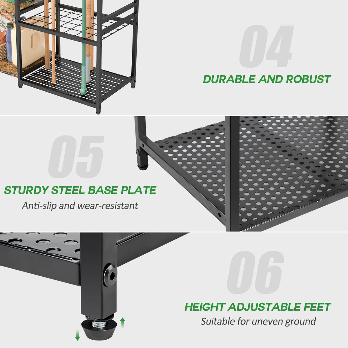daoutime garage tool organizer with 2-tier wooden shelves, side view