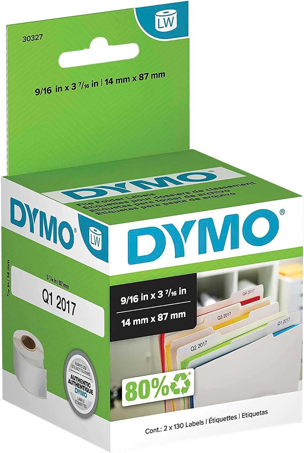 DYMO Authentic LW 1-Up File Folder Labels DYMO Labels for LabelWriter Label Printers White 9/16" x 3-7/16" 2 Rolls of 130 (260 Total) (Pack of 10)