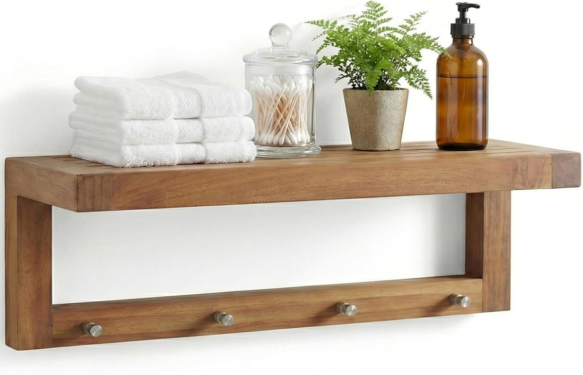 AquaTeak The Original 24" Moa Teak Wall Shelf with Hooks