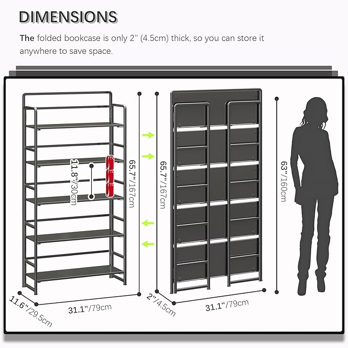 4NM No Assembly Extra Wide 5 Tiers Folding Bookshelf Storage Shelves Vintage - Image 2