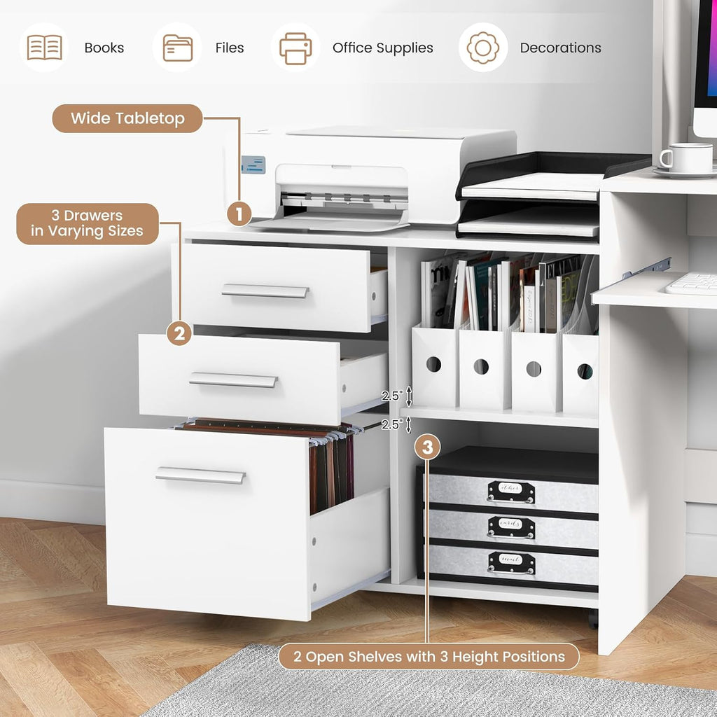 Giantex 3-Drawer File Cabinet for Office - Home Mobile Lateral Filing Cabinet with Hanging Bars, Open Storage Shelves, 5 Universal Wheels, Printer Stand for Letter Size Storage Cabinet (White)