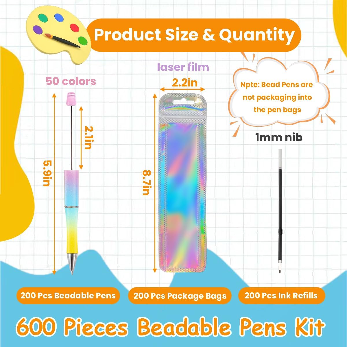 600 Pieces Beadable Pens Kit, 200 Beadable Pens Bulk with 200 Refills + 200 P...