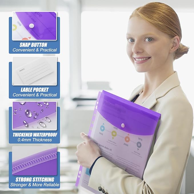 Binder Pocket Organizer Folders, 12 Pack Expandable Files Bag Plastic Envelopes - Image 4